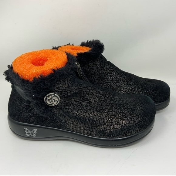 ALEGRIA black florets ankle boot, style#Mer-553. with faux fur. - Picture 1 of 9